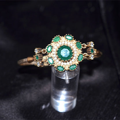 6 Carat Gold Plated Turkish Emerald Floral Motif Bracelet