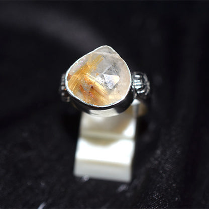 925 Sterling Silver Rutilated Quartz Ring with Ornate Band