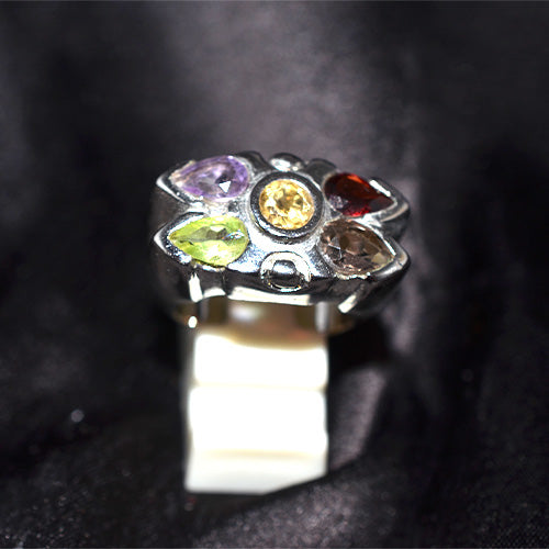 925 Sterling Silver Mixed Cut Multi Gemstone Cluster Ring