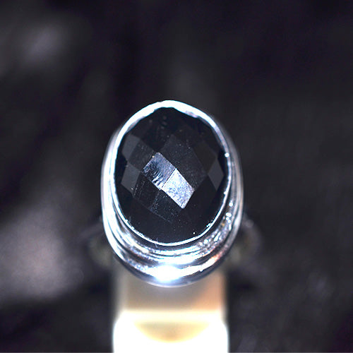 925 Sterling Silver Faceted Black Onyx Oval Ring