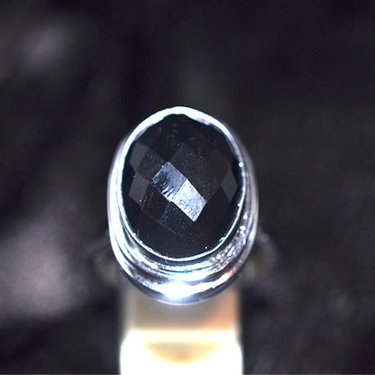 925 Sterling Silver Faceted Black Onyx Oval Ring