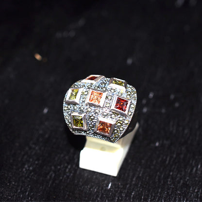925 Sterling Silver Turkish Multi-Gemstone and Marcasite Quilted Dome Ring