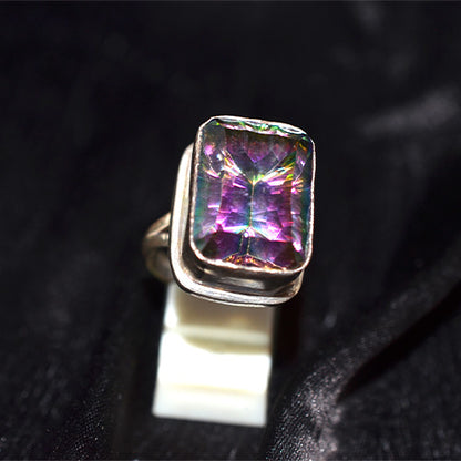 925 Sterling Silver Rectangle Cut Mystic Topaz Bezel Ring