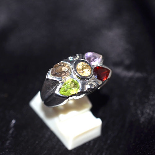 925 Sterling Silver Multi Gemstone Abstract Cluster Ring