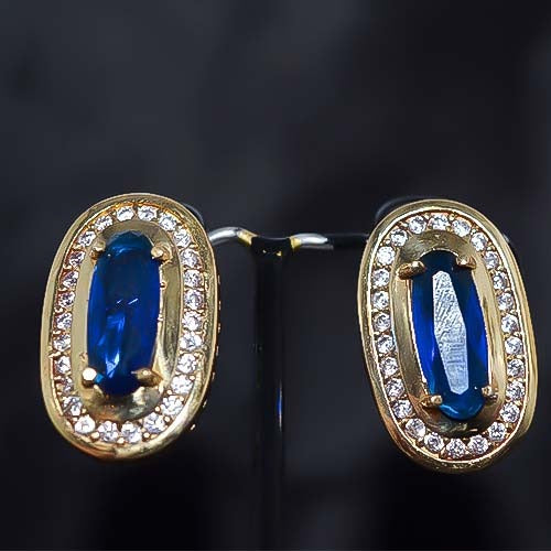 6 Carat Gold Plated Blue Sapphire Oval Stud Earrings