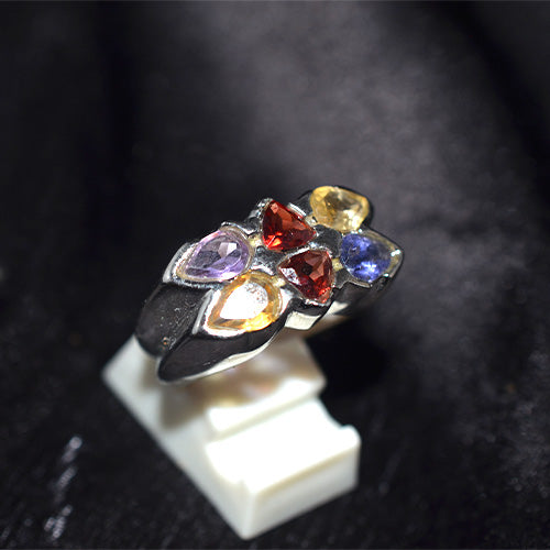 925 Sterling Silver Multi Gemstone Pear Shape Bouquet Ring