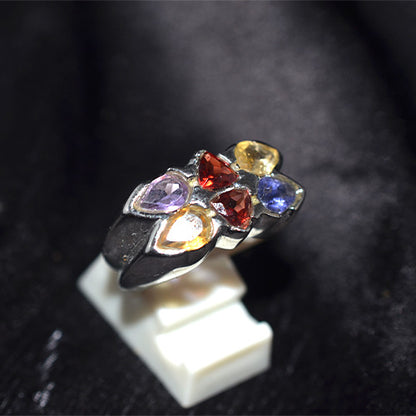 925 Sterling Silver Multi Gemstone Pear Shape Bouquet Ring