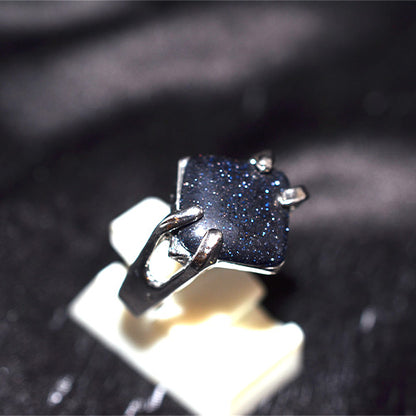 925 Sterling Silver Square Blue Goldstone Ring with Openwork Shank