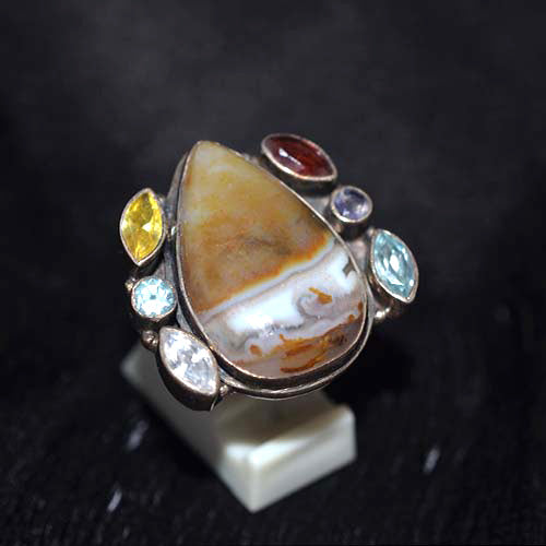 925 Sterling Silver Multi Gemstone Pear Motif Ring