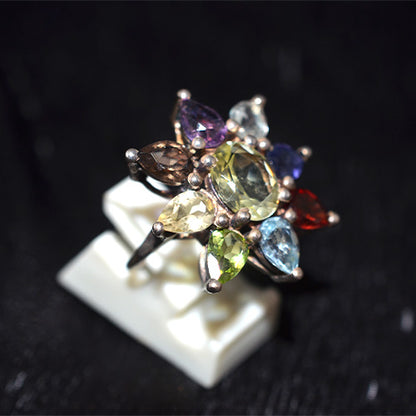925 Sterling Silver Multi-Gemstone Rainbow Flower Cluster Ring