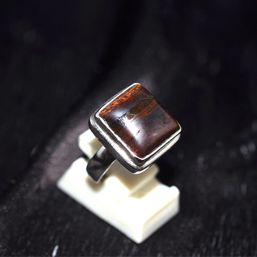 925 Sterling Silver Red Tiger Iron Cushion Cut Ring