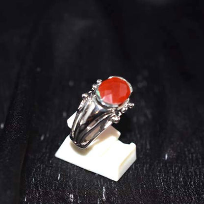 925 Sterling Silver Faceted Red Agate Ring with Ornate Prong Setting