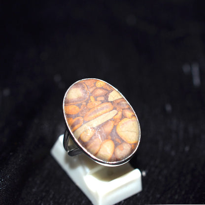 925 Sterling Silver Oval Pebble Motif Jasper Ring
