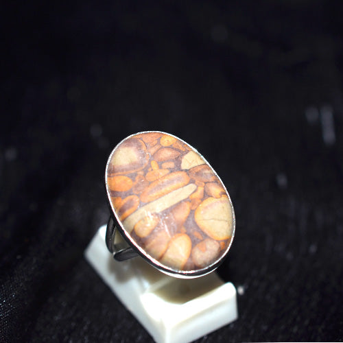925 Sterling Silver Oval Pebble Motif Jasper Ring