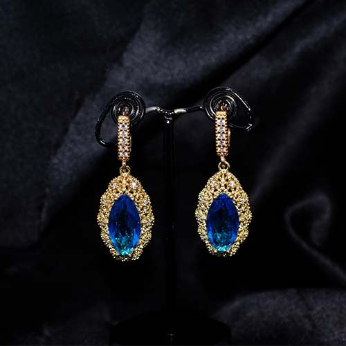 6 Carat Gold Plated Blue Marquise Crystal Drop Earrings