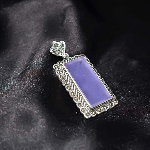 925 Sterling Silver Purple Stone and Marcasite Rectangle Pendant