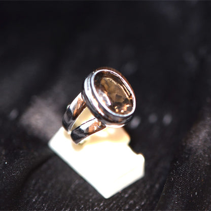 925 Sterling Silver Oval Smoky Quartz Textured Double Band Ring
