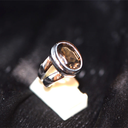 925 Sterling Silver Oval Smoky Quartz Textured Double Band Ring