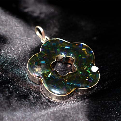 925 Sterling Silver Iridescent Floral Cut Black Opal Resin Pendant