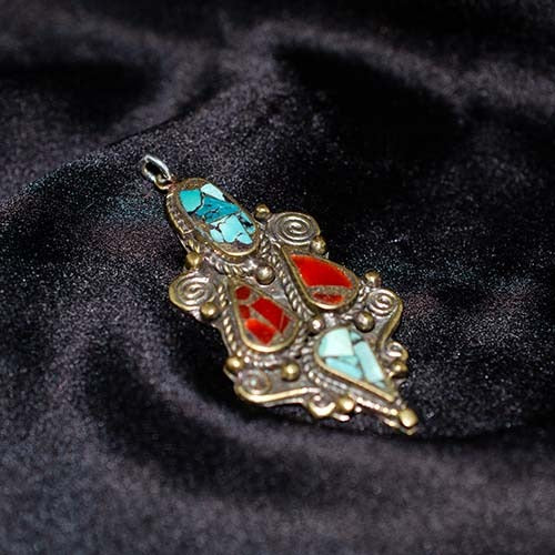 6 Carat Gold Plated Turquoise Coral Tribal Pendant
