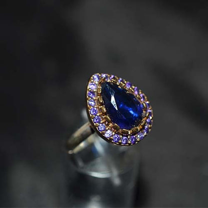 6 Carat Gold Plated Blue and Purple Teardrop Halo Ring