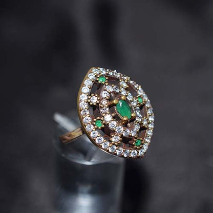 6 Carat Gold Plated Green and White Marquise Statement Ring