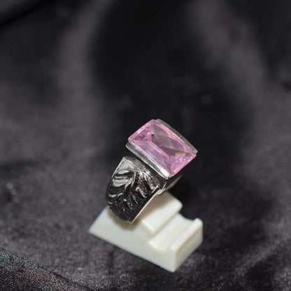 925 Sterling Silver Pink Topaz Engraved Rectangle Ring