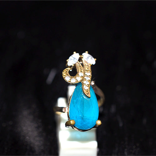 6 Carat Gold Plated Turkish Pear Cut Blue Topaz Scroll Accent Ring
