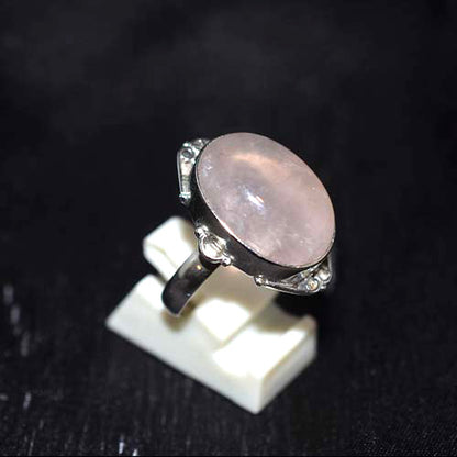 925 Sterling Silver Rose Quartz Ornate Oval Setting Ring