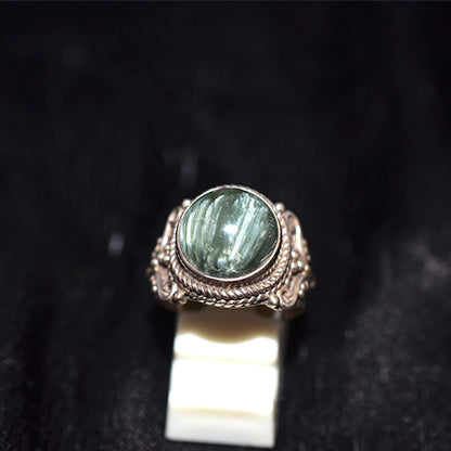 925 Sterling Silver Seraphinite Round Ring with Ornate Rope Setting