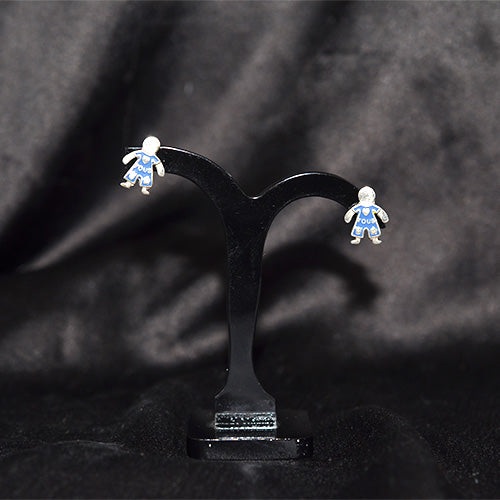 925 Sterling Silver Blue Enamel Boy Figure Stud Earrings