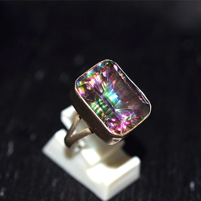 925 Sterling Silver Emerald Cut Mystic Topaz V-Shank Ring