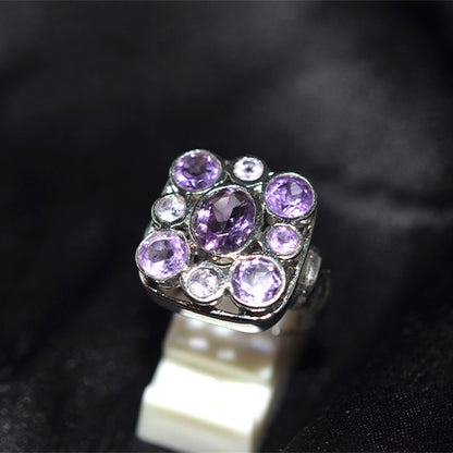 925 Sterling Silver Amethyst Cushion Shape Cluster Ring