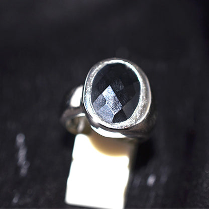 925 Sterling Silver Faceted Oval Black Onyx Bezel Set Ring