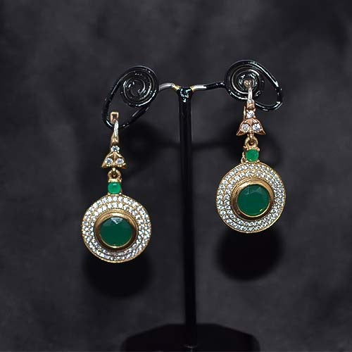 6 Carat Gold Plated Green and White Circular Dangle Earrings