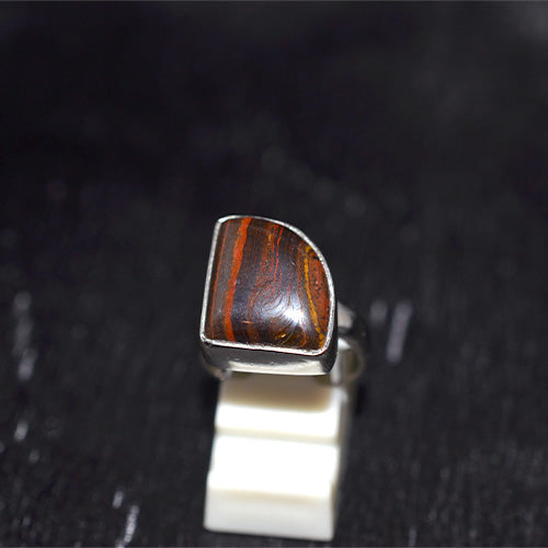 925 Sterling Silver Banded Tiger Iron Cushion Cut Ring