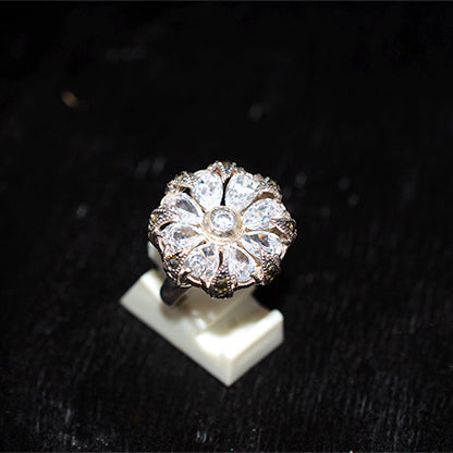 925 Sterling Silver Turkish Pear-Cut Crystal and Marcasite Flower Ring