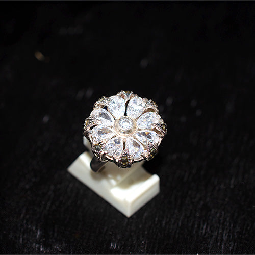 925 Sterling Silver Turkish Pear-Cut Crystal and Marcasite Flower Ring