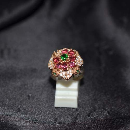 6 Carat Gold Plated Pink Tourmaline Green Emerald Floral Ring