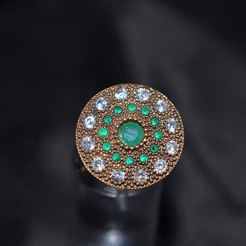 6 Carat Gold Plated Green and White Circular Mandala Ring