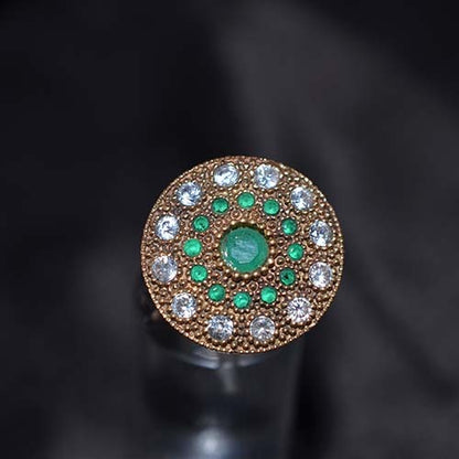 6 Carat Gold Plated Green and White Circular Mandala Ring