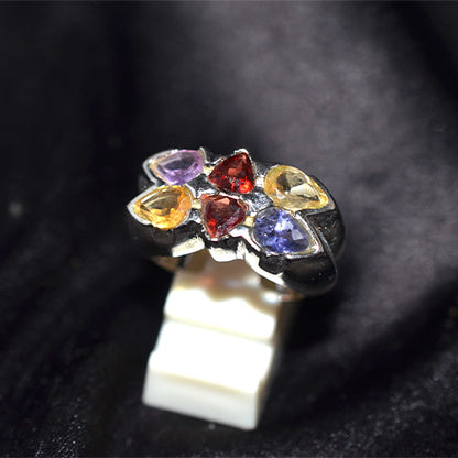 925 Sterling Silver Multi Gemstone Pear Shape Bouquet Ring