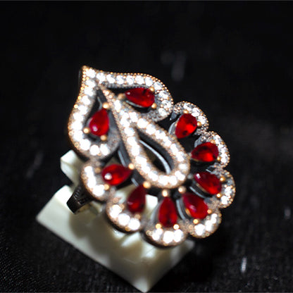 925 Sterling Silver Red Ruby Paisley Halo Ring