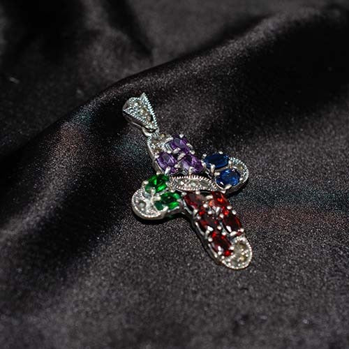 925 Sterling Silver Multicolor Gemstone Cross Pendant