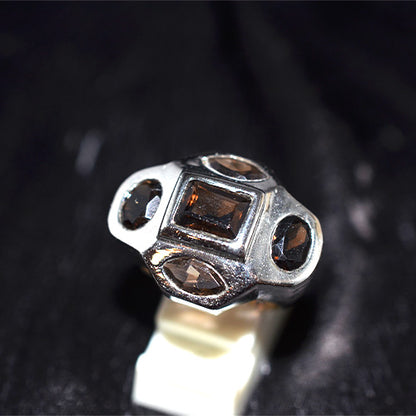 925 Sterling Silver Geometric Smoky Quartz Statement Ring