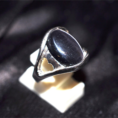 925 Sterling Silver Black Cat Eye Heart Motif Ring