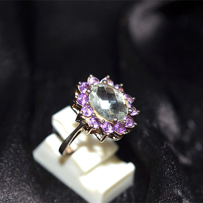 925 Sterling Silver Green Amethyst and Amethyst Halo Ring