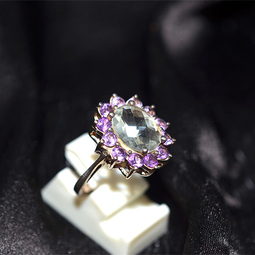 925 Sterling Silver Green Amethyst and Amethyst Halo Ring