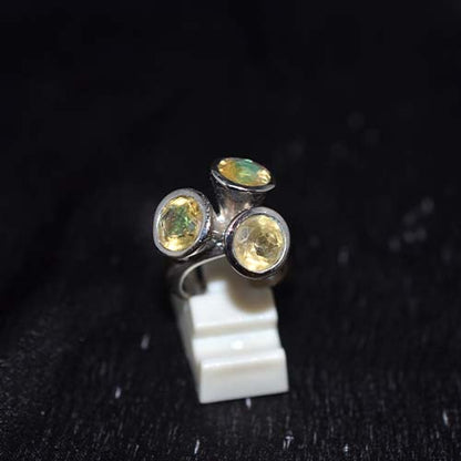 925 Sterling Silver Yellow Citrine Triple Stone Modern Ring