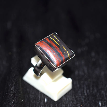925 Sterling Silver Banded Tiger Iron Square Ring